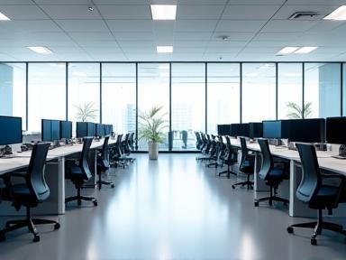 Clean office space with tidy desks and polished floors.