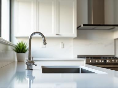 Clean kitchen interior with sparkling countertops and appliances.